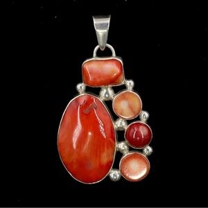Taxco Vintage Sterling Silver Spiny Oyster Red Coral Cluster Pendant